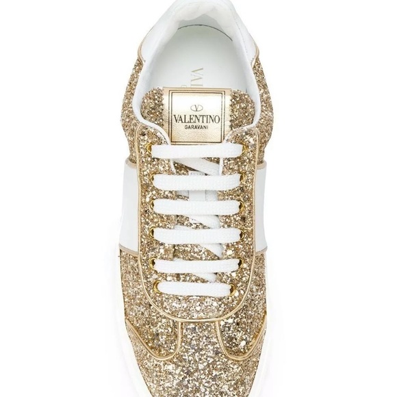 Valentino Rockstud Fly Crew Gold Glitter Sneakers - Picture 11 of 13